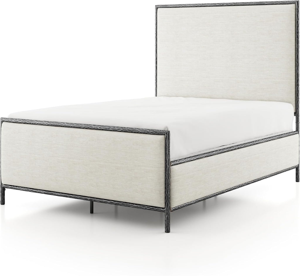 24/7 Shop at Home Lalia Hammered Metal 3-Piece Bedroom Collection, Upholstered Bed Frame with Beige Fabric Headboard, Forged Steel, Bench and 1-Shelf Nightstand, Foundation Required, Full, Matte Grey