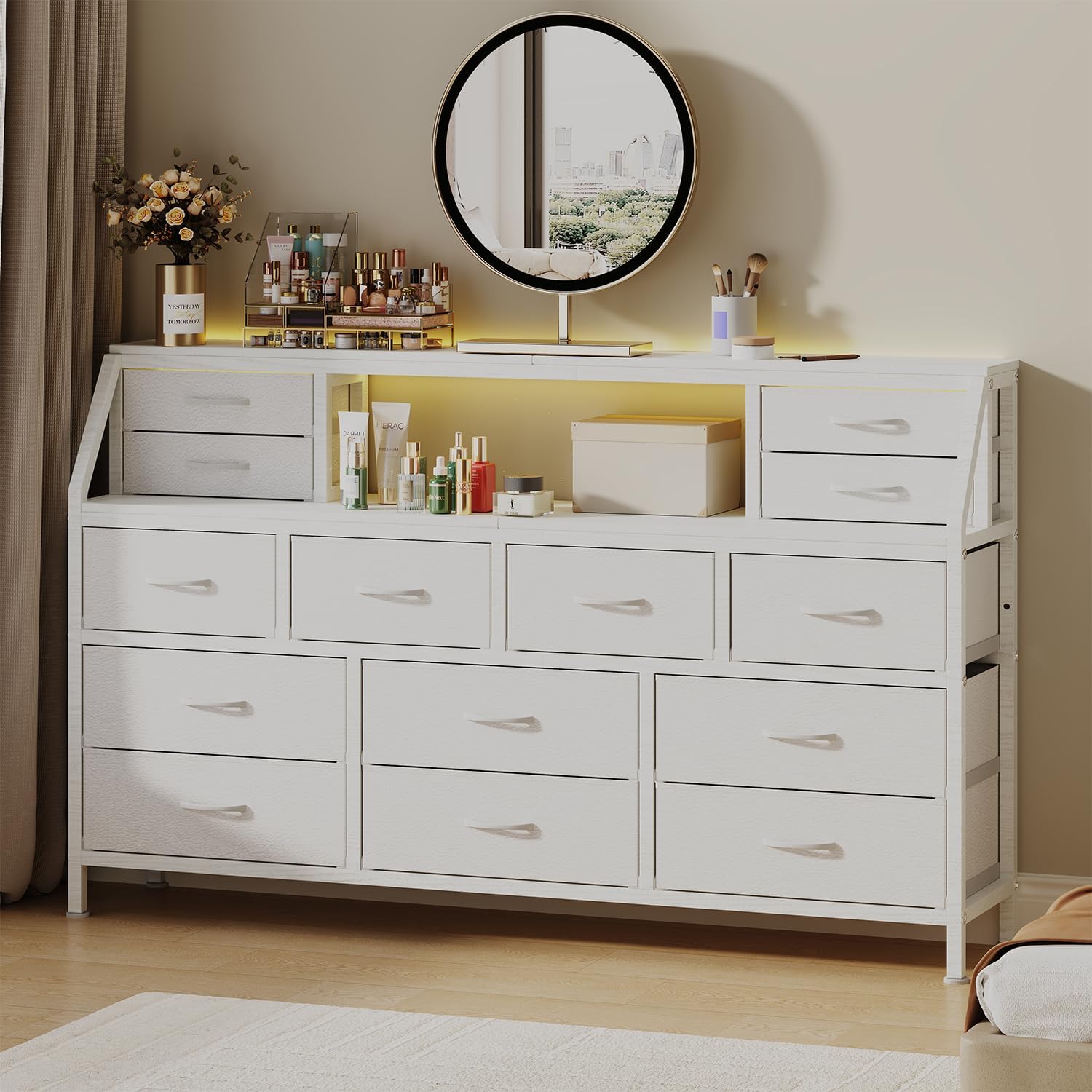 Dresser for Bedroom, 55' TV Stand with 14 Drawers, Long Dresser & Chests of Drawers with Shelves & Sturdy Metal Frame & Wood Top (White)