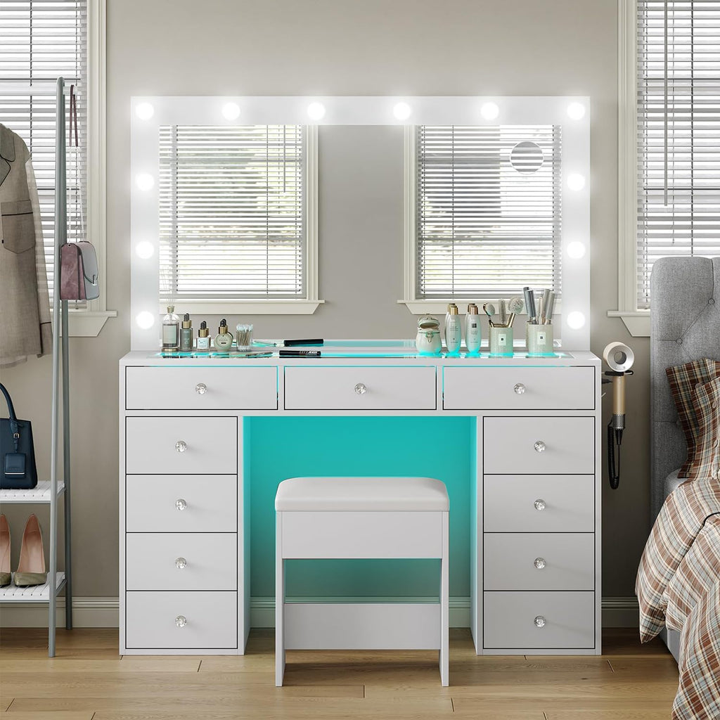 Makeup Vanity Desk with RGB Lights and Large 47.2'' Mirror, 11 Drawers Makeup Vanity with Lighted Mirror, 3 Color Option, Brightness Adjustable, Make Up Vanity with Charging Station Woman, White