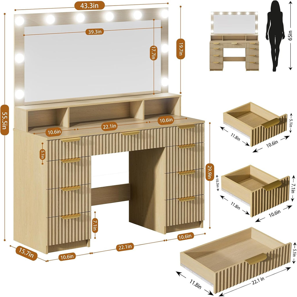 Fluted Vanity Desk with Large Mirror and Adjustable LED Lights, Makeup Vanity Table with Power Outlet, 9 Drawers & Storage Shelf, Bedroom Dressing Table Vanity Set for Girls, Women, Natural Oak