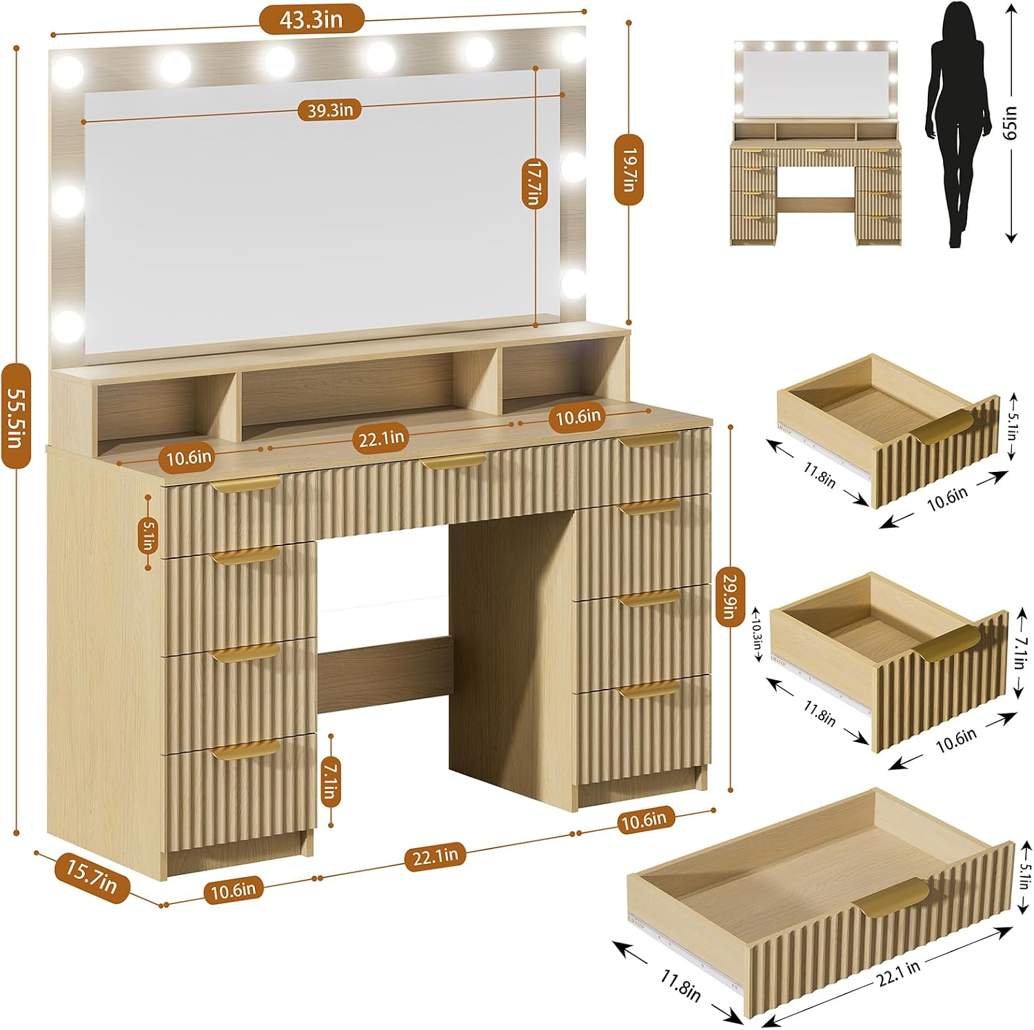 Fluted Vanity Desk with Large Mirror and Adjustable LED Lights, Makeup Vanity Table with Power Outlet, 9 Drawers & Storage Shelf, Bedroom Dressing Table Vanity Set for Girls, Women, Natural Oak