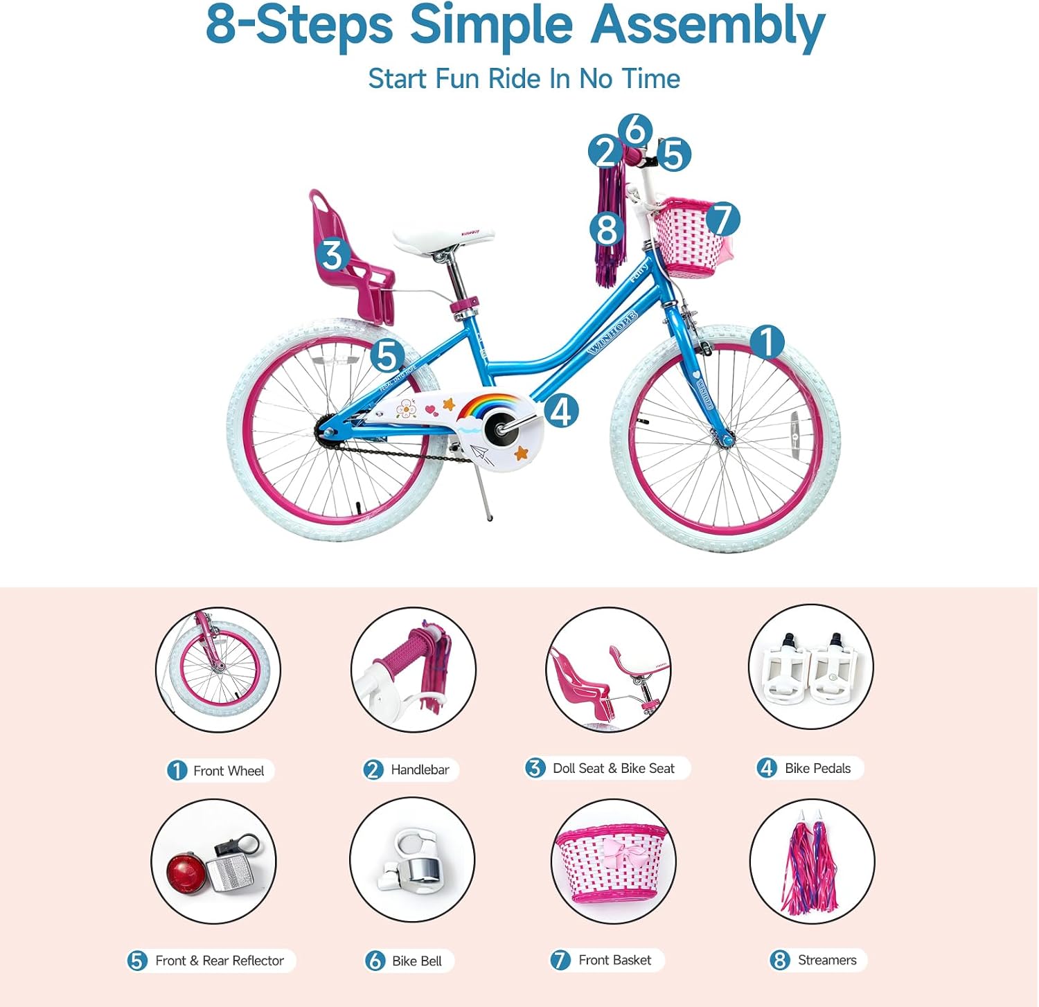 WinHope Girls Bike with Doll Seat, 12 14 16 18 20 Inch Kids Bike for 2-12 | Dual Brake with Training Wheels / Kickstand & Streamers Birthday Gift for Toddler Outdoor Riding, Multiple Colors