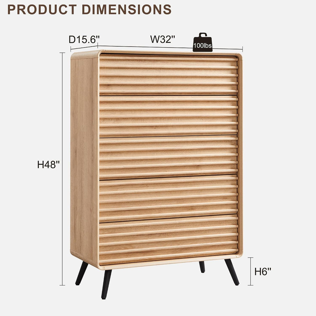 RedLemon 5 Drawers Dresser for Bedroom, 48'' Tall Mid Century Modern Wood Fluted Dresser, Chest of Drawers with Tapered Leg for Bedroom, Living Room, Hallway, Closet,Natural Oak