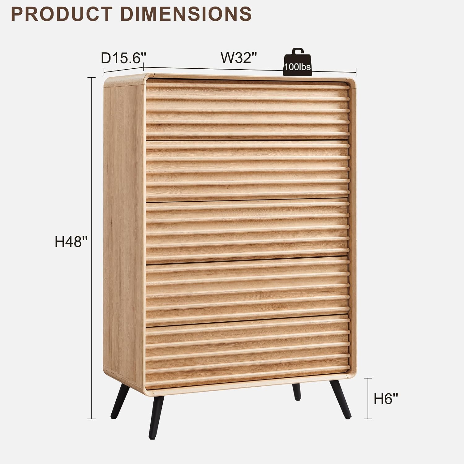 RedLemon 5 Drawers Dresser for Bedroom, 48'' Tall Mid Century Modern Wood Fluted Dresser, Chest of Drawers with Tapered Leg for Bedroom, Living Room, Hallway, Closet,Natural Oak