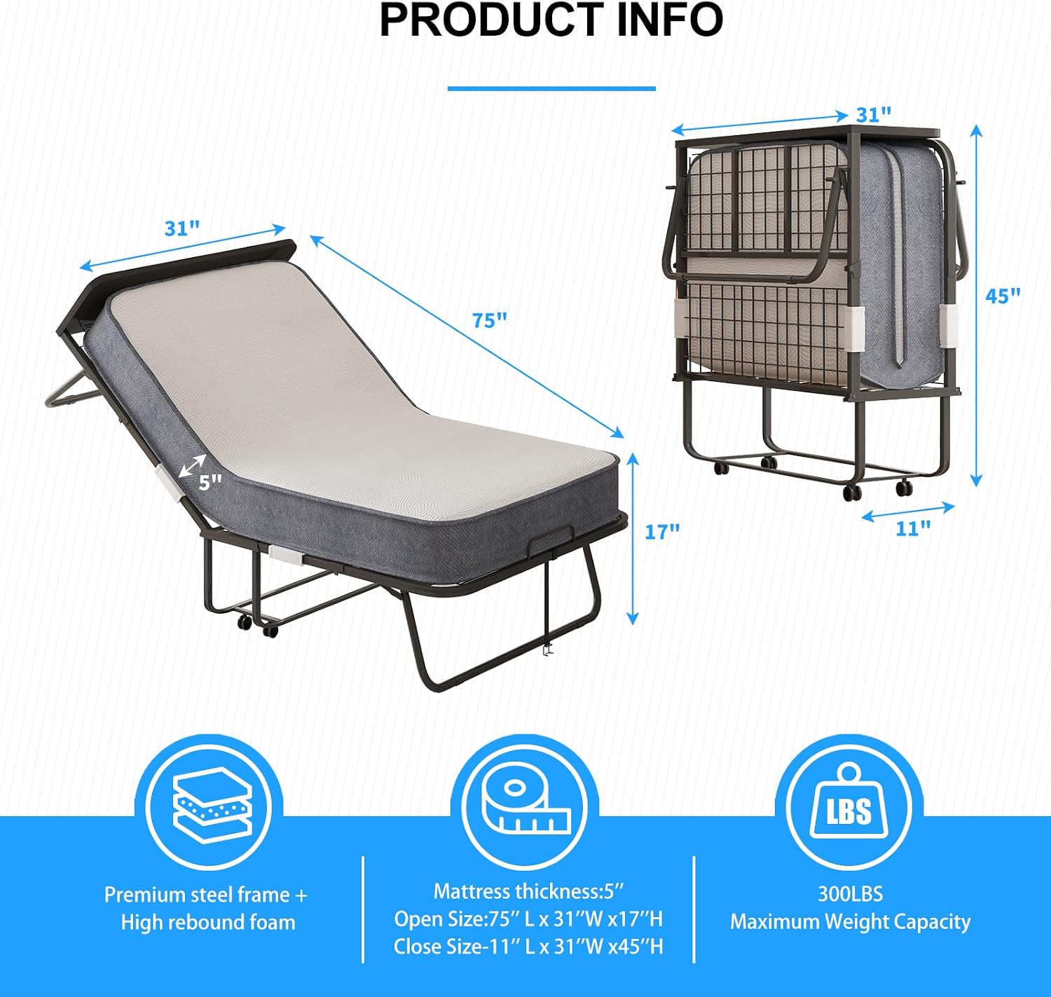 PUREMIND Folding Bed with 5' Mattress for Adults, Twin Size Rollaway Bed with Foam Mattress, Portable Foldable Guest Beds - Sturdy Metal Frame & Dustproof Bag, Hideaway, 75' x 31'