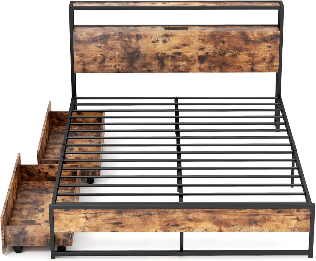 Giantex Queen Bed Frame with 2 Storage Drawers and Charging Station, Industrial Platform Bed Frame with 2-Tier Storage Headboard, Rustic Metal Slats Support Mattress Foundation, No Box Spring Needed