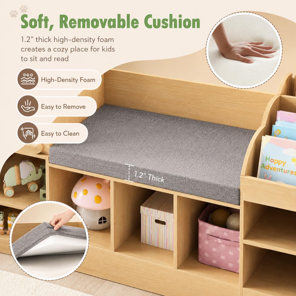 Xilingol Kids Reading Nook with Storage Bench and Chalkboard, Wooden Kids Bookshelf and Toy Storage, Toy Organizer for Boys & Girls, Toddler Reading Nook for Bedroom, Nursery, Playroom, Natural Oak