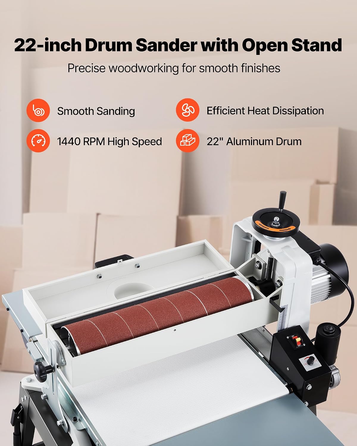 VEVOR 22' Drum Sander with Stand & Extension Tables, 1.75HP 1440RPM Dual Motor Drum Sander for Woodworking - Variable Speed Conveyor Belt, 4' Dust Collection Port for Cabinet & Furniture Finishing