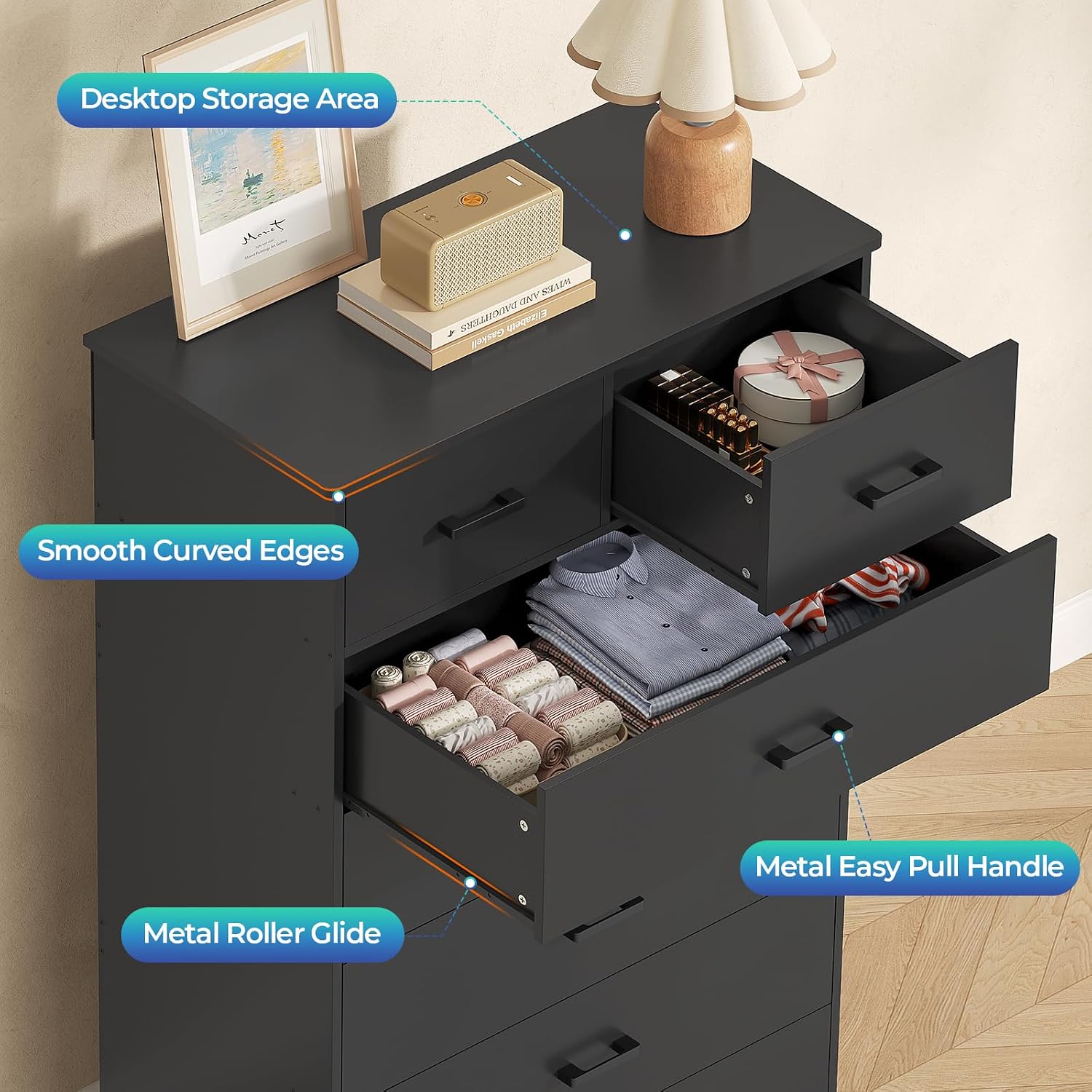 DICTAC Black Dresser for Bedroom with 7 Drawers, 55.7' Tall Dressers Chest of Drawers, Modern Large Wood Storage Dresser Organizer with Metal Handle, Vertical Dressers for Bedroom Living Room Nursery