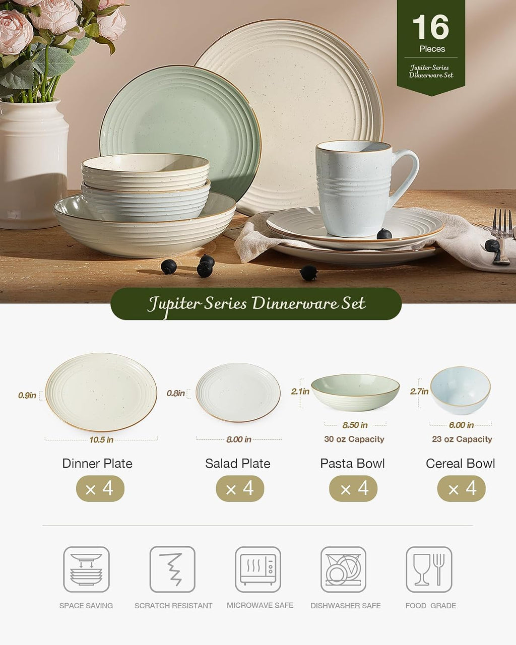 Famiware Jupiter 16-Piece Stoneware Dinnerware Set - Includes Pasta Bowl & Dinner Plate, Handcrafted Dishes with Speckles & Embossed Swirls, Chip & Scratch Resistant, Service for 4, Multi-color
