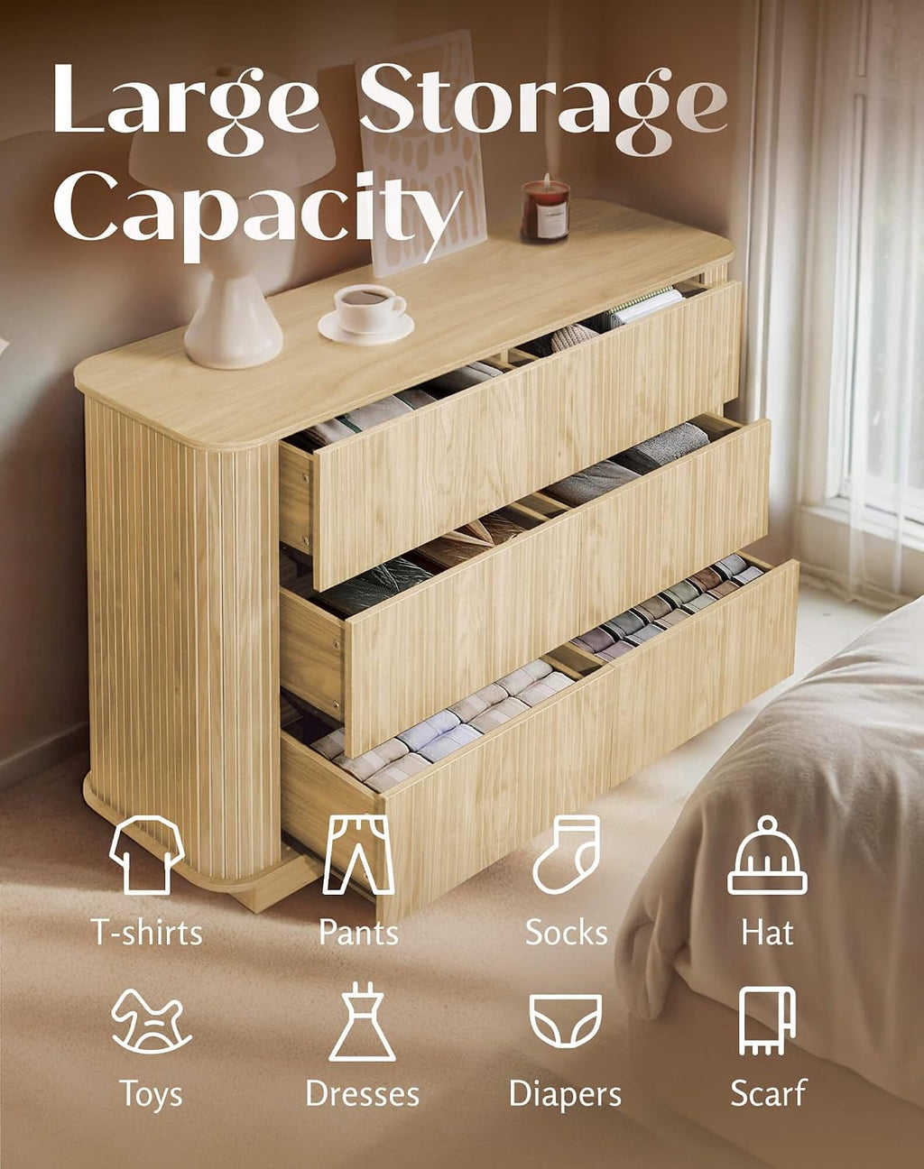 Fluted 6 Drawer Dresser for Bedroom, 47.2' Wide Wood Chests of Drawers with Rounded Corners, Mid Century Modern Closet Clothes Storage Organizer, TV Stand for Living Room, Hallway, Oak