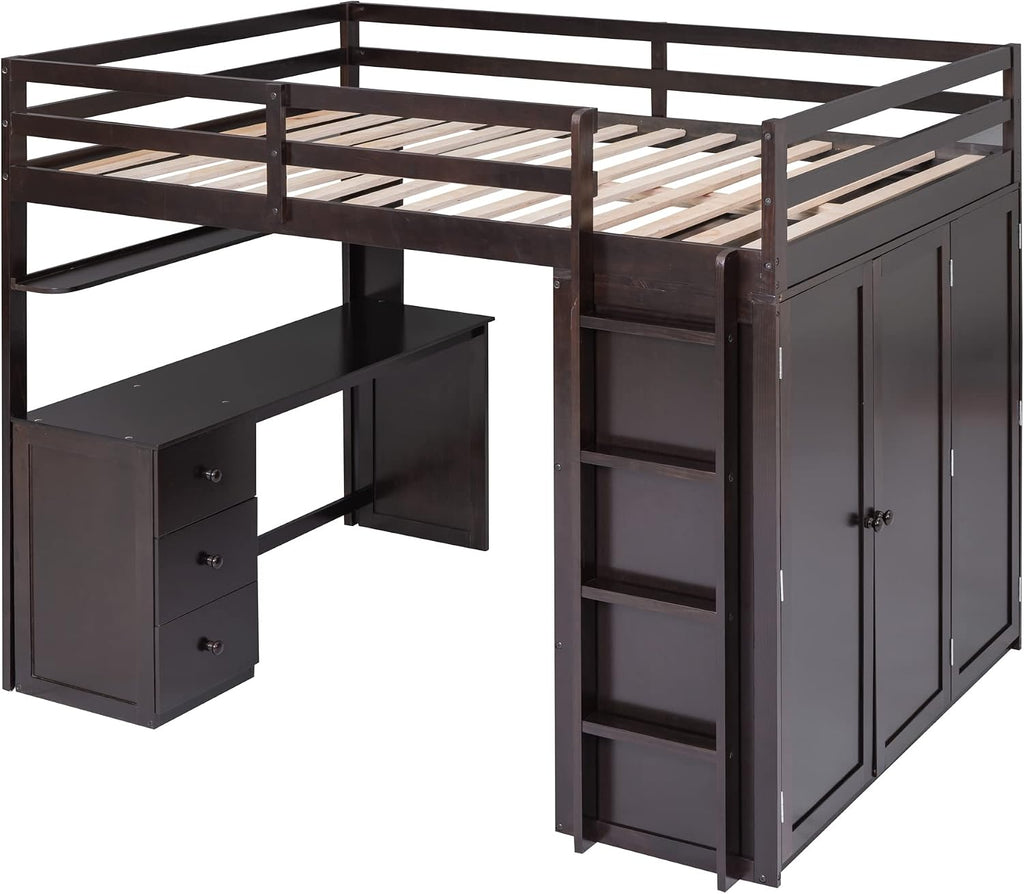 Full Size Loft Bed with Drawers and Desk, Wardrobe, Ladder for Kids, Adults, Girls, Bedroom, Easy Assembly, No Box Spring Needed, Space-Saving, Espresso