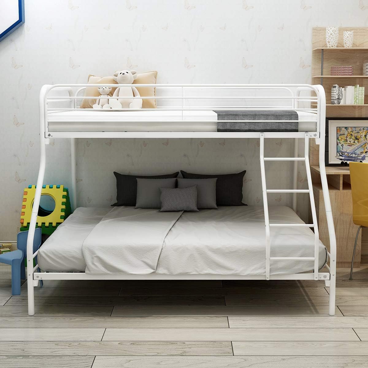 Twin-Over-Full Metal Bunk Bed with Enhanced Upper-Level Guardrail,Classic Bedroom Double Bed Frame w/Slats Support and Inclined Ladder,Easy Assembly,for Kid Adult Boy Girl Teen,White