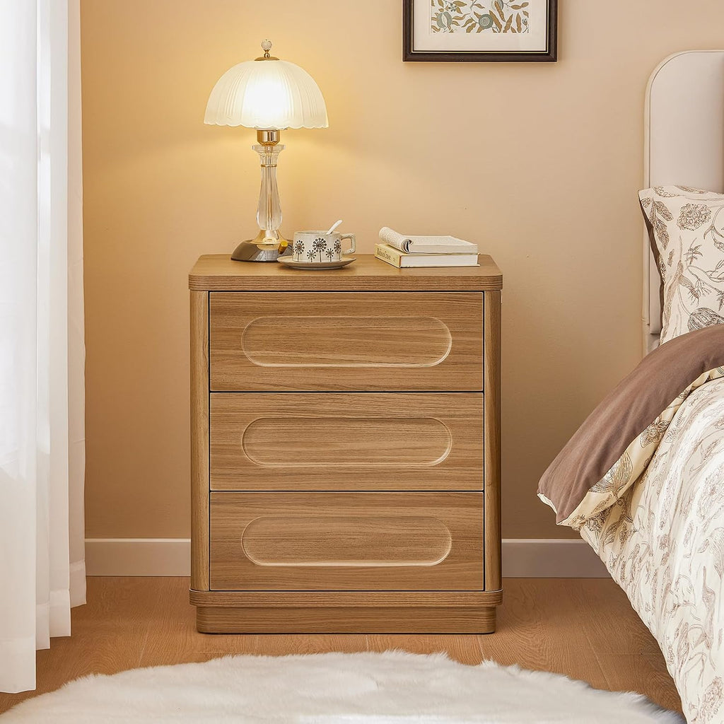 26.2' Tall Nightstand Set of 2, 21.7' W Night Stand with 3 Storage Drawers, Wood Beside Table, Rounded Corner Design for Bedroom (Brown)