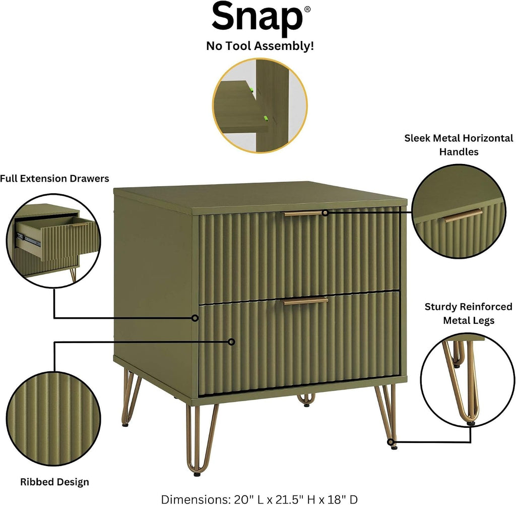 Manhattan Comfort Dumbo 2 Piece Dresser & Nightstand Set, Fluted Night Stand with Hairpin Gold Metal Legs & 3-Drawer Dresser, No Tool Assembly, Storage Cabinet for Bedroom, Living Room in Olive Green