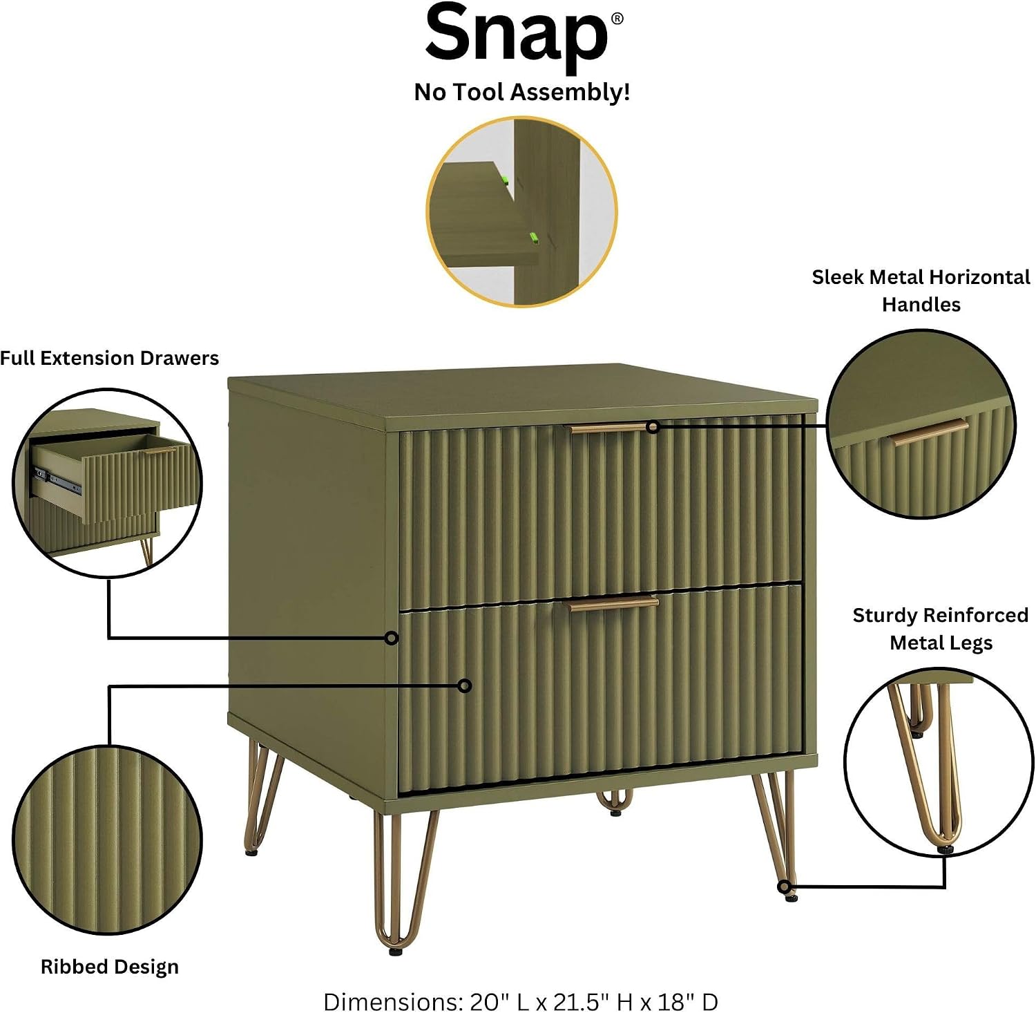 Manhattan Comfort Dumbo 2 Piece Dresser & Nightstand Set, Fluted Night Stand with Hairpin Gold Metal Legs & 3-Drawer Dresser, No Tool Assembly, Storage Cabinet for Bedroom, Living Room in Olive Green