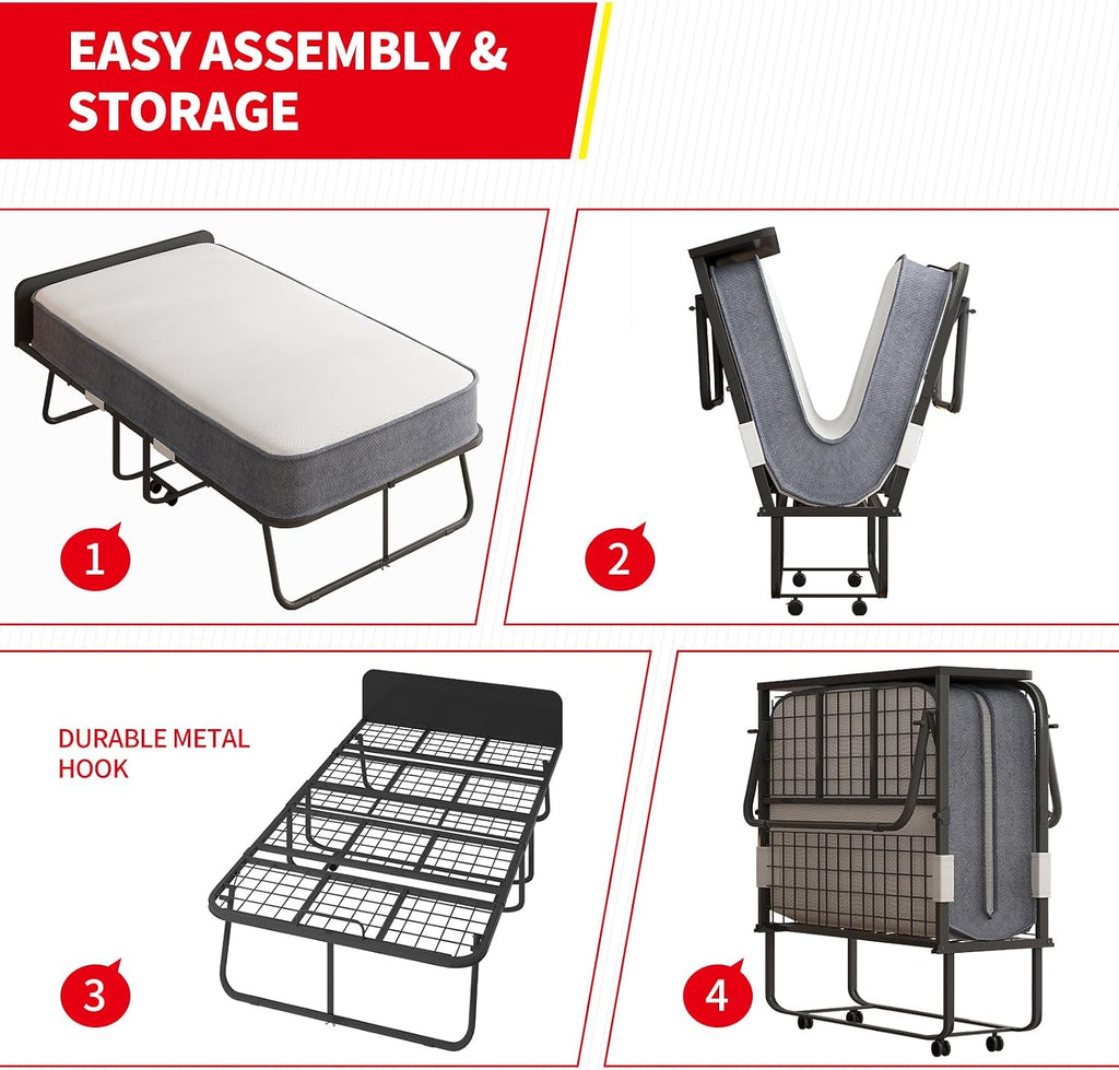 PUREMIND Folding Bed with Mattress for Adults - 75' x 46' Twin Size Sturdy Metal Frame, Portable Rollaway Guest Bed with Dust Cover - Space-Saving Foldable Design for Easy Storage