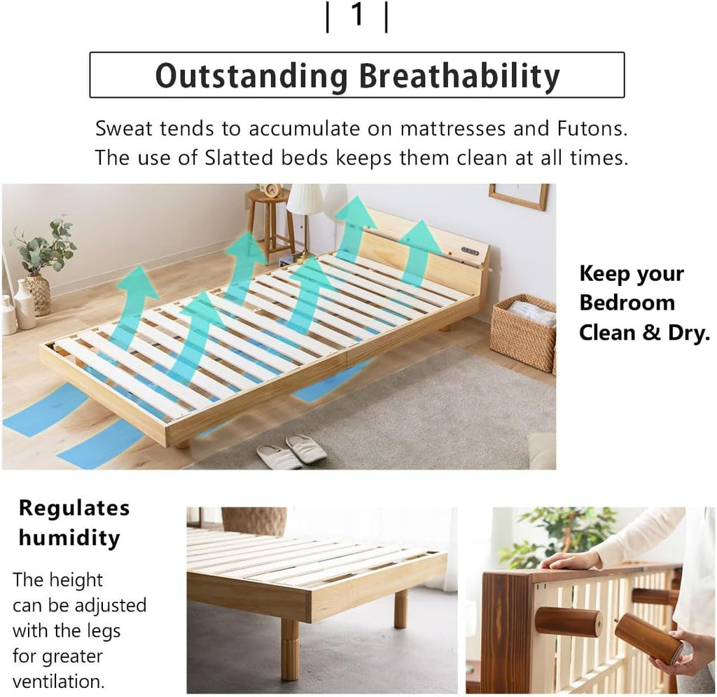 EMOOR Wood Slatted Bed Frame with Charging Station Twin for Japanese Futon Mattress (Earth-Natural), Height Adjustable (4/8/13in) Solid Pine Platform Bed