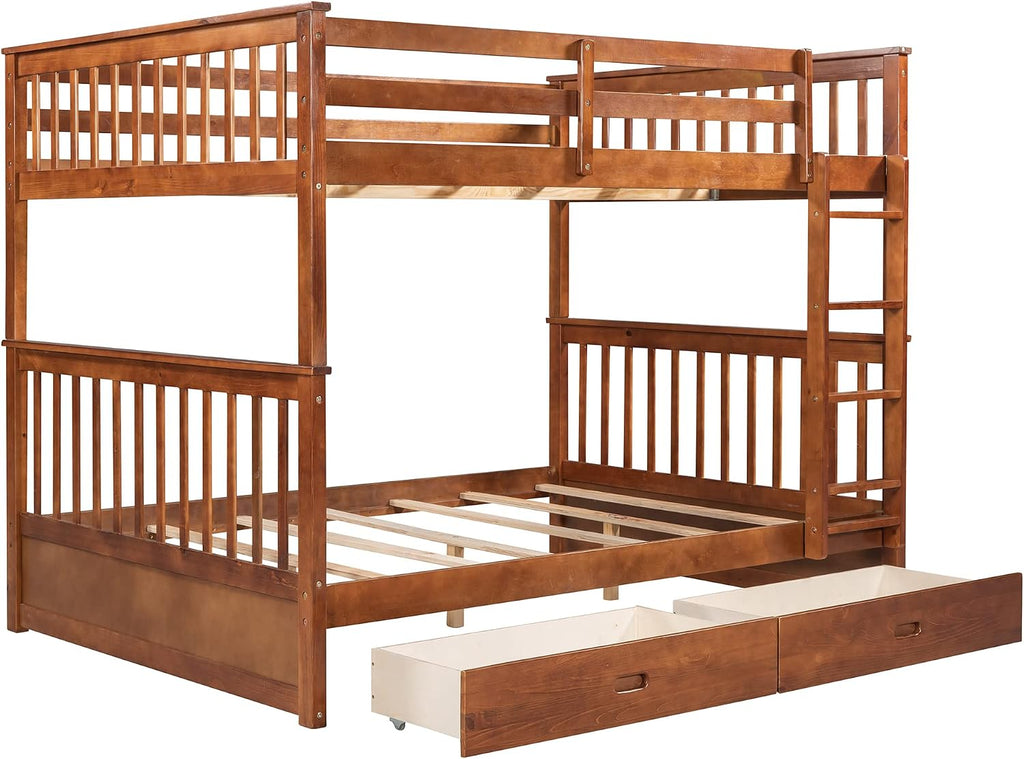 Merax Full Over Full Size Wood Bunk Bed with Drawers,Convertible Bunk Bed with Ladders and Two Storage Drawers,Solid Wood Detachable Bed Frame with Ladders, Walnut