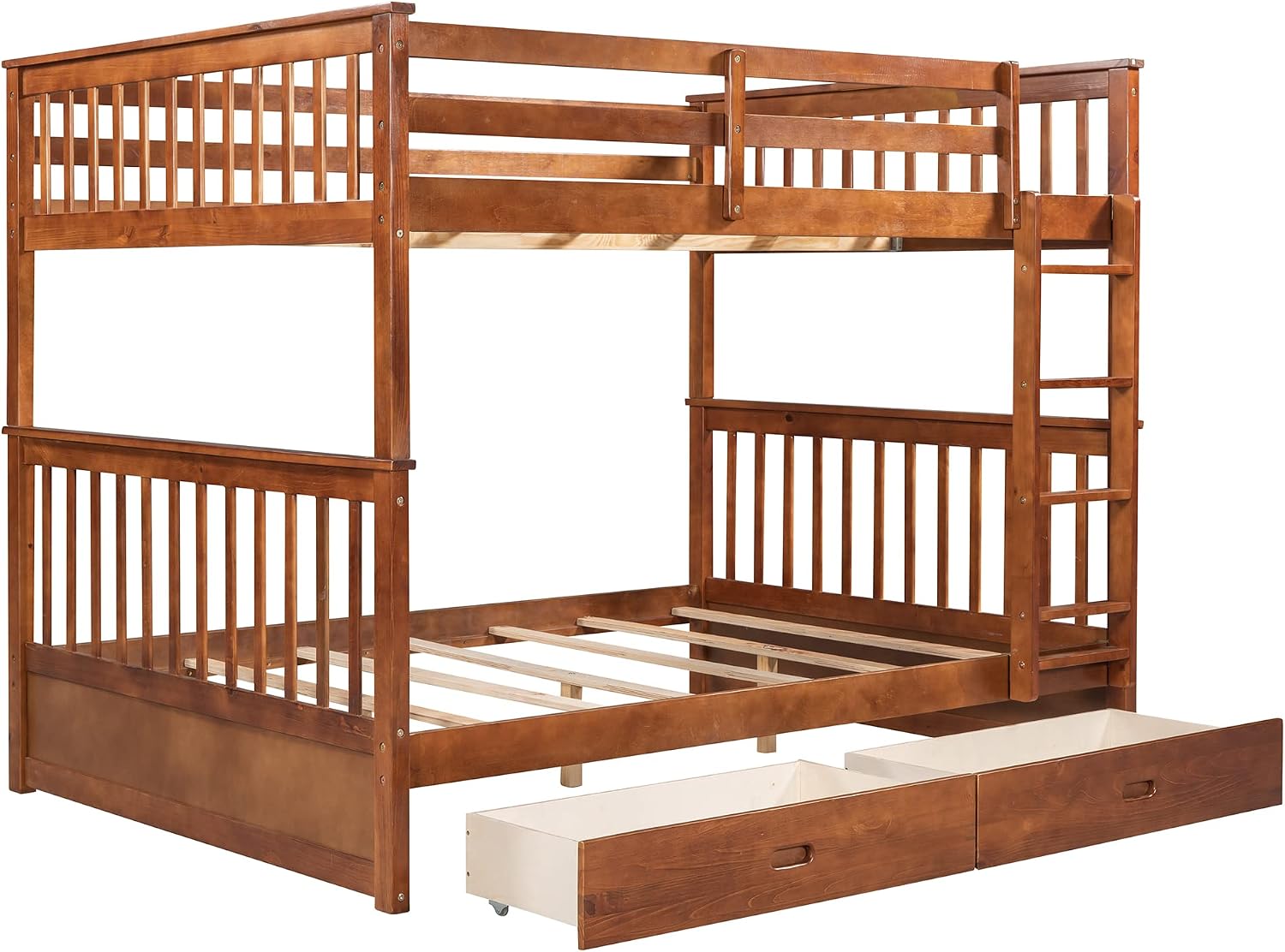 Merax Full Over Full Size Wood Bunk Bed with Drawers,Convertible Bunk Bed with Ladders and Two Storage Drawers,Solid Wood Detachable Bed Frame with Ladders, Walnut