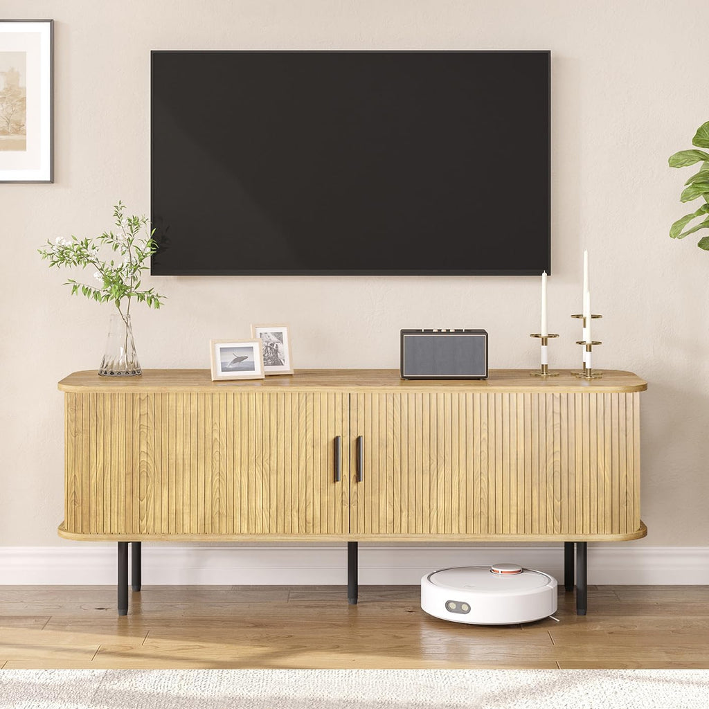 FiveWillowise 55' Natural Fluted TV Stand for TVs up to 65 Inch, Gaming Entertainment Center with Tambour Slatted Sliding Doors and Storage Cabinet, Media TV Consoles Table for Living Room, Office