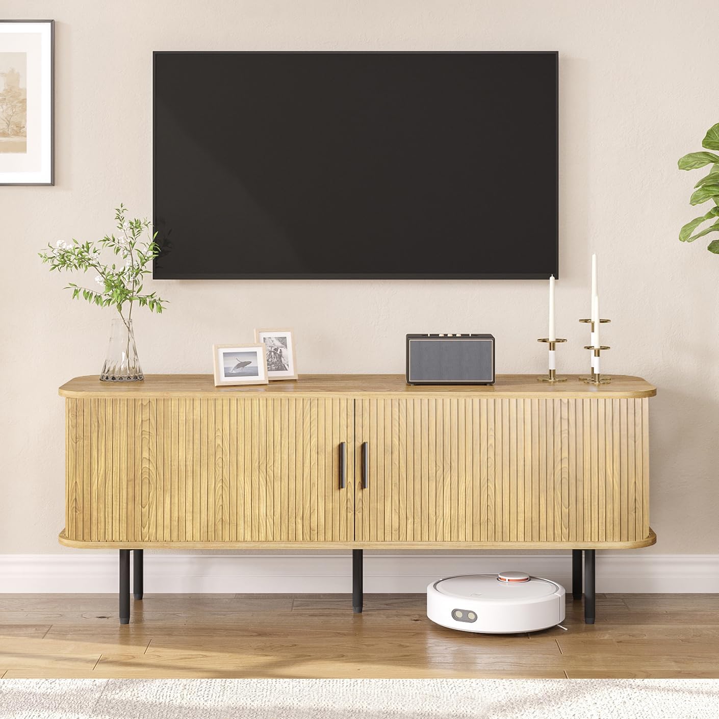 FiveWillowise 55' Natural Fluted TV Stand for TVs up to 65 Inch, Gaming Entertainment Center with Tambour Slatted Sliding Doors and Storage Cabinet, Media TV Consoles Table for Living Room, Office