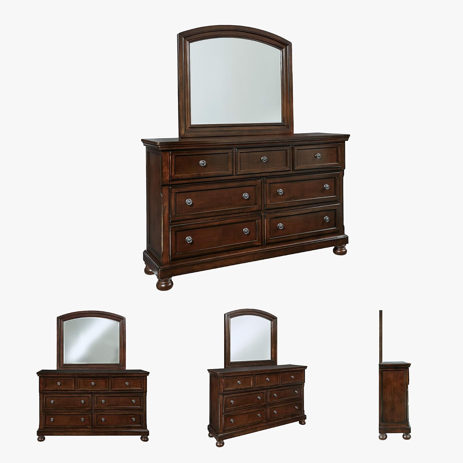 Signature Design by Ashley Porter Traditional Smooth-Gliding 7-Drawer Dresser and Mirror with Safety Stop, Felt-Lined Top Drawers and Pull-Out Tray, Dark Brown
