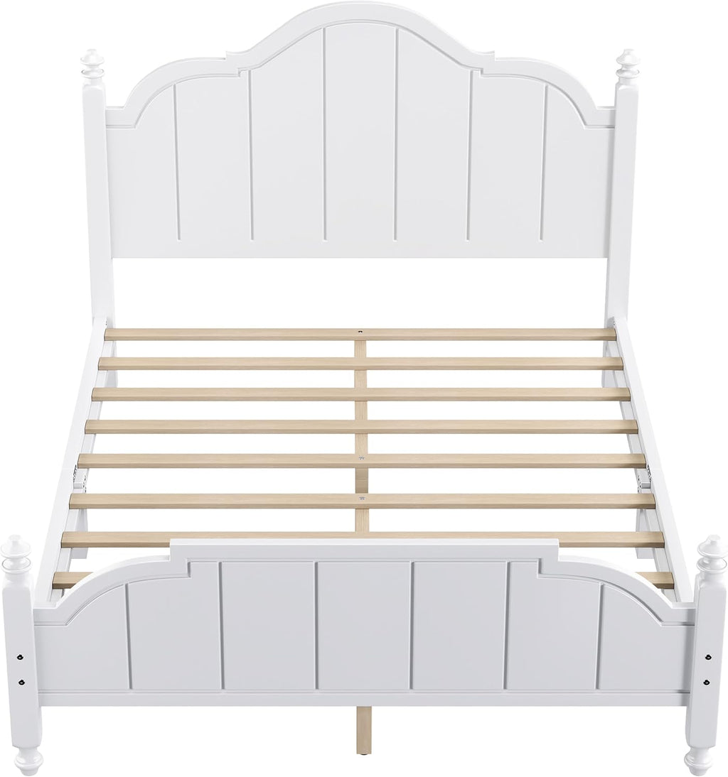 JIVOIT Vintage Wooden Bed Frame, Queen Size Platform Bed with Wide Headboard, Wood Slats Support, No Spring Box Needed, Easy Assembly (White-Queen,2)