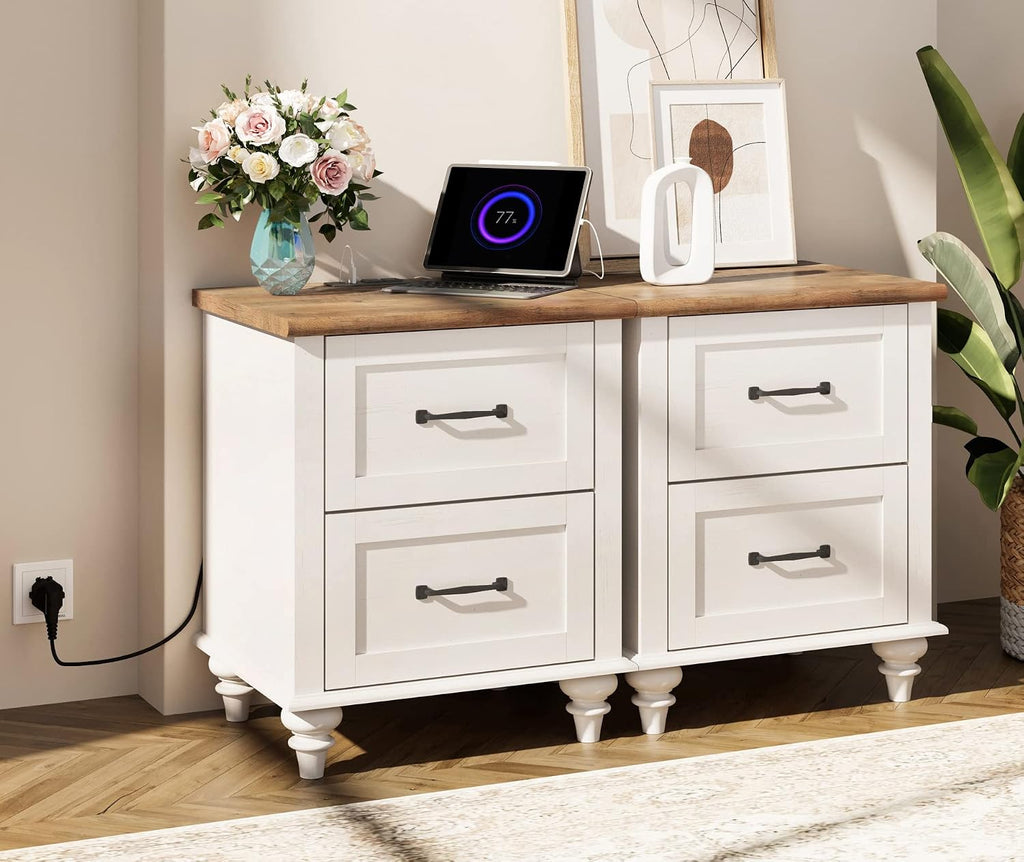 WAMPAT Set of 2 Night Stands with 2 Drawers, Mid-Century Modern Nightstands with Charging Station, Off White Bedside Table Light Wood End Tables for Bedroom