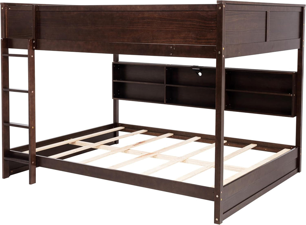 Queen Over Queen Bunk Bed with Built-in Storage Cabinets,Charging Station,Ladder,Safety Guardrails,Solid Pine Wood Bunk Bed for Kids Bedroom
