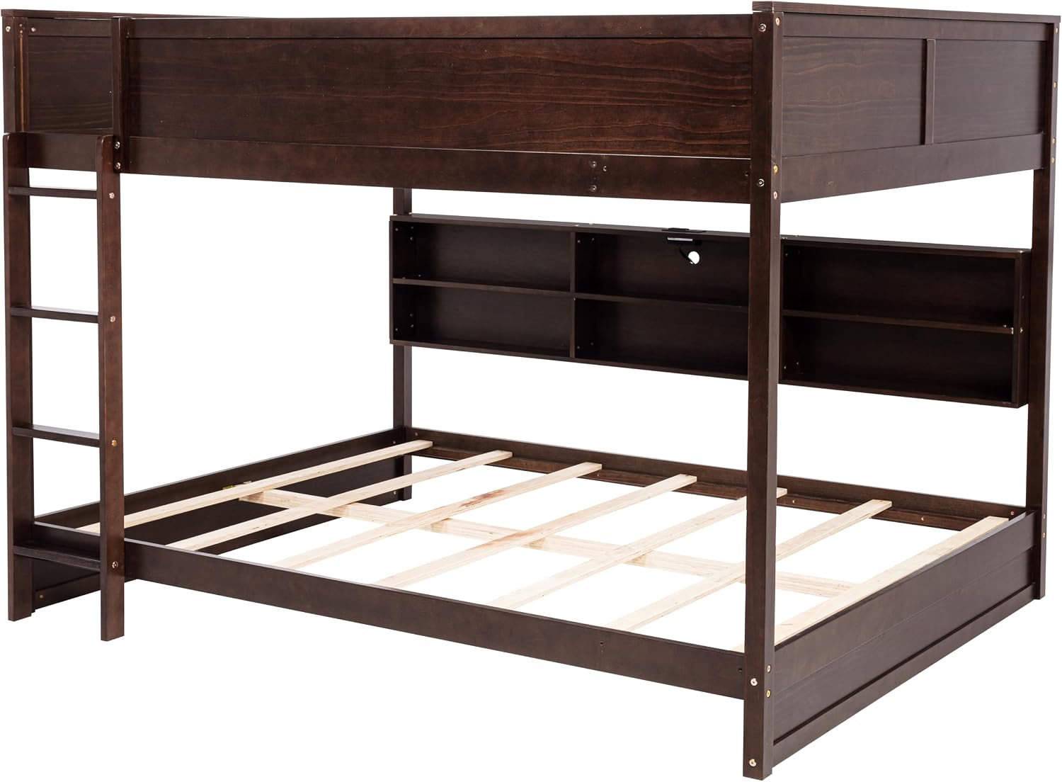 Queen Over Queen Bunk Bed with Built-in Storage Cabinets,Charging Station,Ladder,Safety Guardrails,Solid Pine Wood Bunk Bed for Kids Bedroom