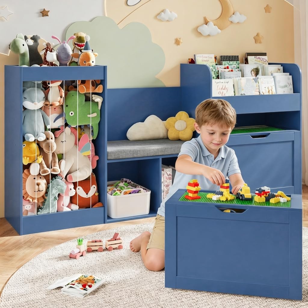 68.9'W Reading Nook, Kids Bookshelf, Toy Storage Organizer, Removable Building Baseplate Lid for Lego, Rolling Drawers, Stuffed Animal Storage, Bench and Removable Cushions for Playroom(Blue)