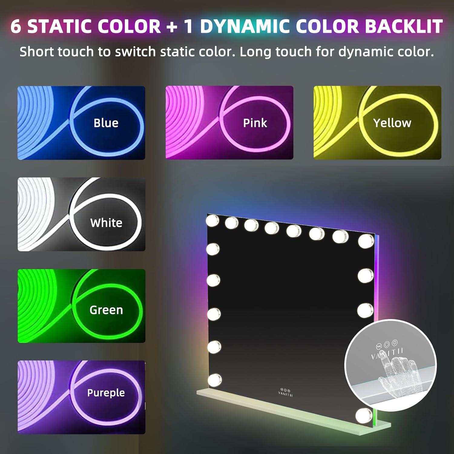 VANITII Makeup Vanity Desk with Mirror and RGB Lights Vanity Table with Makeup Mirror Glass Top Vanities with Charging Station RGB Lighted Mirror Smart Touch Dressing Table Set for Bedroom