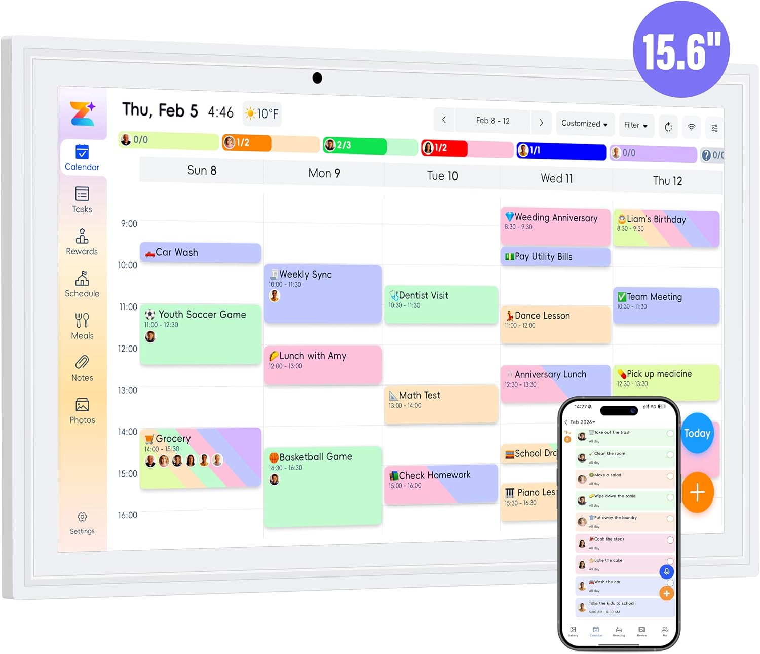 OcePor 15.6 Inch Digital Calendar, Electronic Calendar Chore Chart, Smart Calendars Wall Full HD Interactive Touchscreen Display for Family Schedules,Task (White)