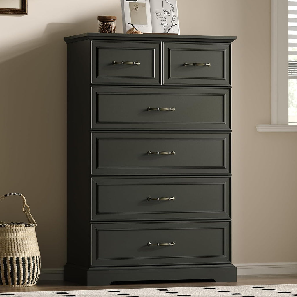 Farmhouse 6 Drawers Dresser for Bedroom, 49' Tall Modern Chest of Drawers with Deep Drawers & Bar Handles, Rustic Wood Dresser TV Stand, Wooden Closet Storage Organizer for Living Room, Hallway, Black