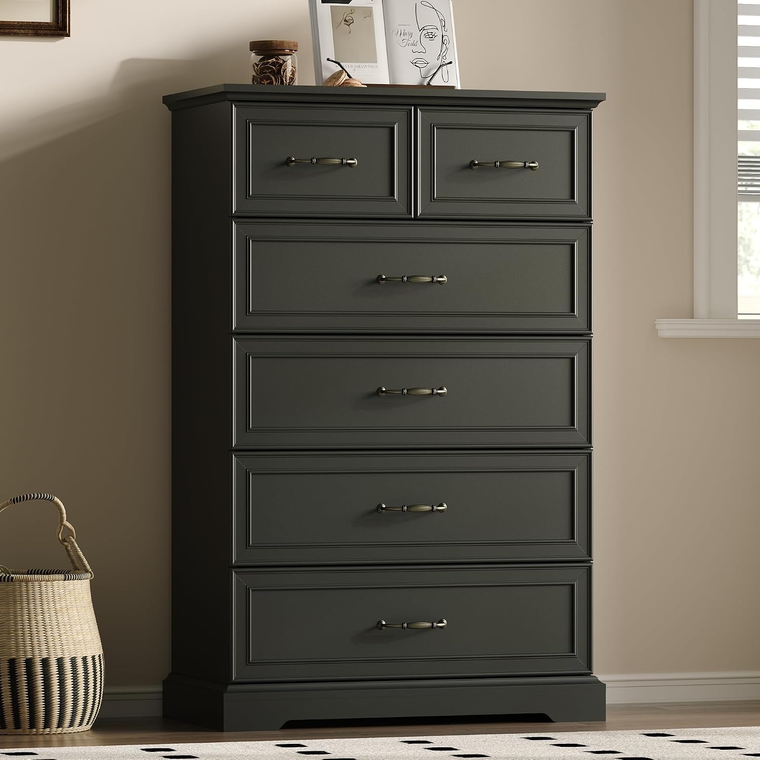 Farmhouse 6 Drawers Dresser for Bedroom, 49' Tall Modern Chest of Drawers with Deep Drawers & Bar Handles, Rustic Wood Dresser TV Stand, Wooden Closet Storage Organizer for Living Room, Hallway, Black