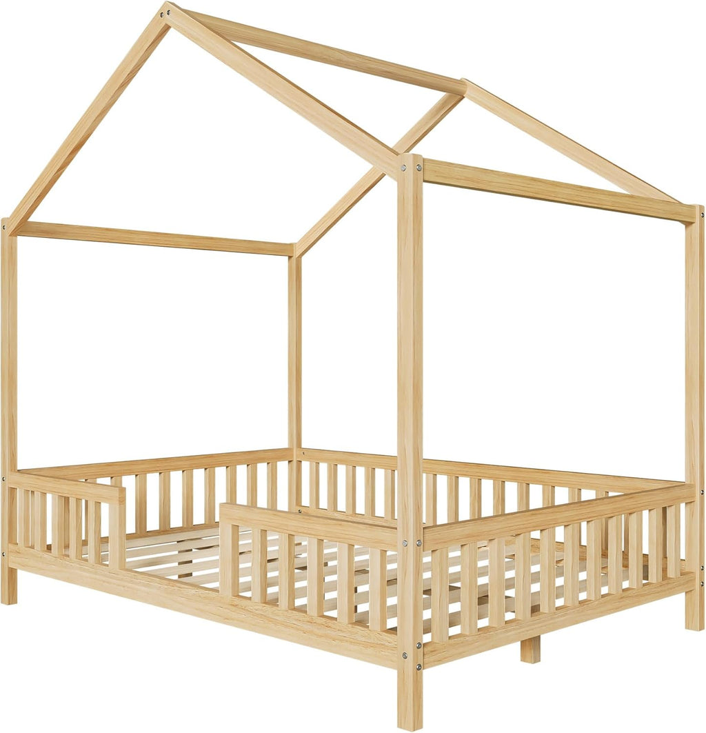 Full Size House-Shape Bed with Canopy and High Railings, Wood Kids Bed Frame with Roof (Natural, Full)