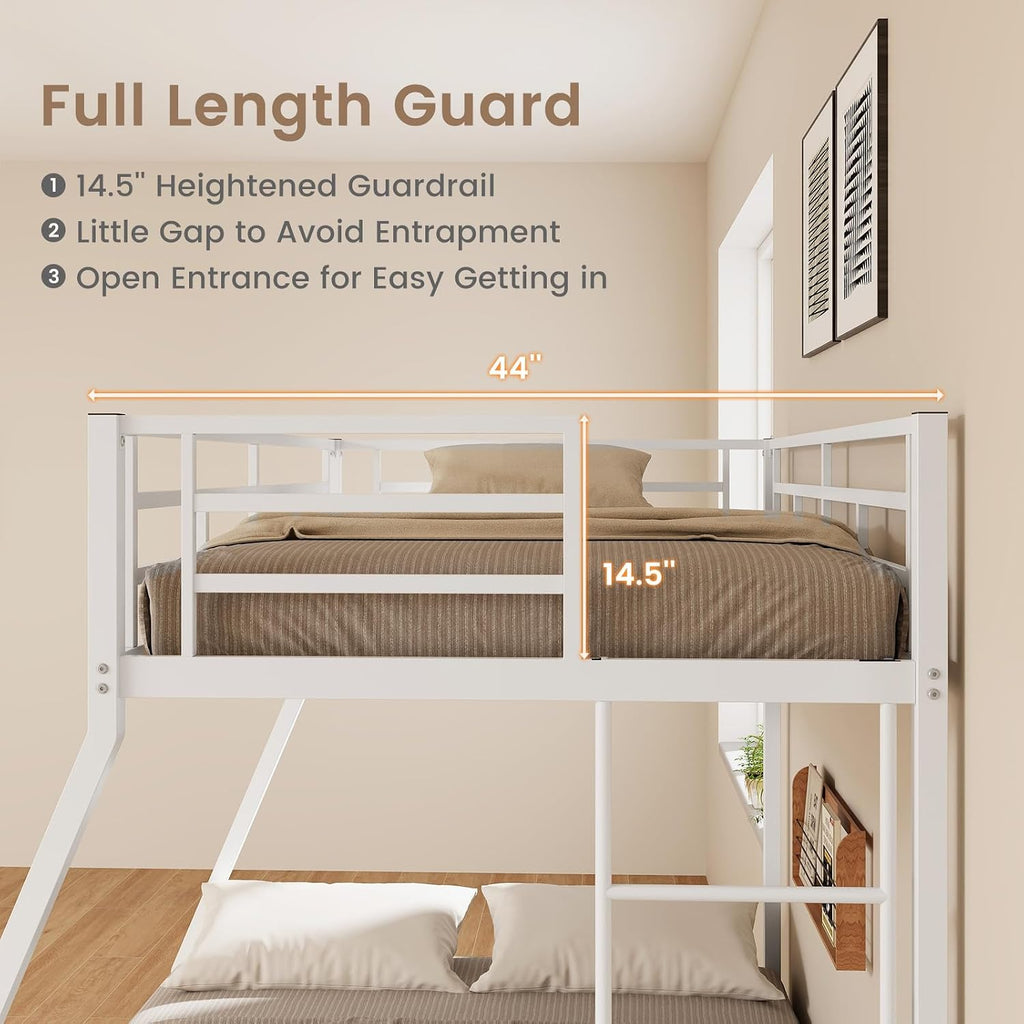 DORTALA Twin Over Full Bunk Bed, Metal Bunk Bed Frame w/Ladder, Safety Rail & Steel Slats, Space-Saving Bunk Beds for Kids Teens Adults, Noise Free for Dorm Bedroom, No Box Spring Needed, White