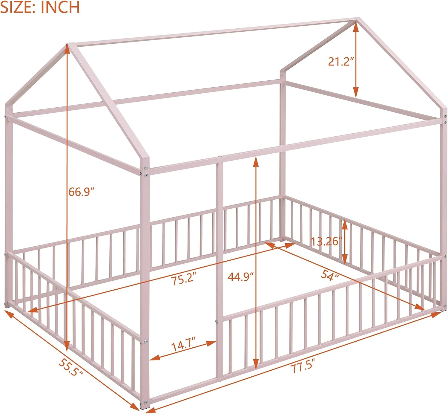 Merax Full Size Metal House Bed Frame with Fence for Kids,Teens,Girls,Boys,Semi-Enclosed Cabin Floor Bed for Bedroom,Pink