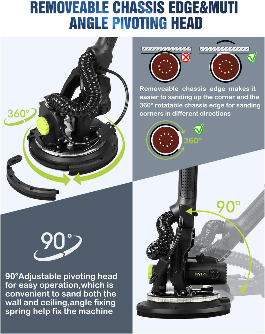 MYTOL Drywall Sander, 7.2A Electric Drywall Sander with Vacuum Dust Collection, LED Light, 6 Variable Speed Digital Display 900-1800RPM, Foldable & Extendable Handle