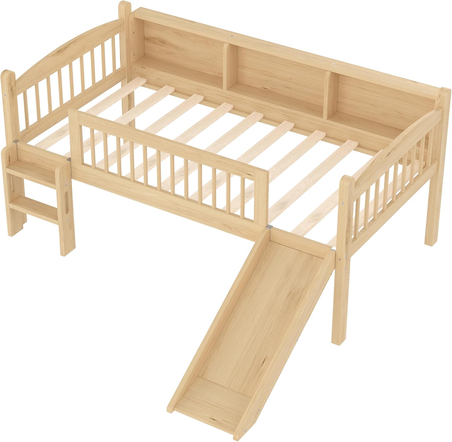 JIVOIT Twin XL Loft Bed with Storage Shelves, Solid Wood Lower Loft Bed with Full-Length Guardrails, Wood Slats Support, Space-Saving Design, No Box Spring Needed (Natural,Twin XL,51)