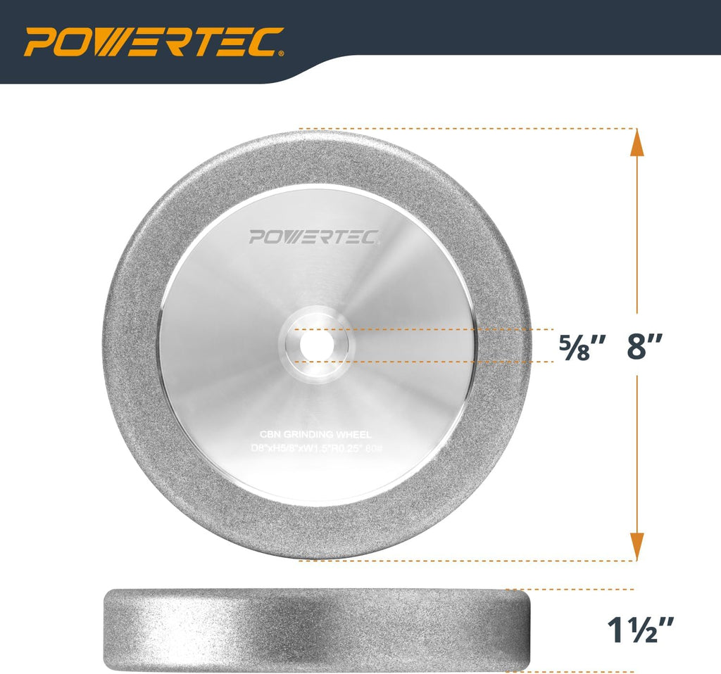 POWERTEC CBN Grinding Wheel 8 Inch 80 Grit, 1-1/2' Wide, 5/8' Arbor – 4-in-1 CBN Sharpening Wheel with 1/4' Radius Edge and Side Face for Bench Grinder (15707)