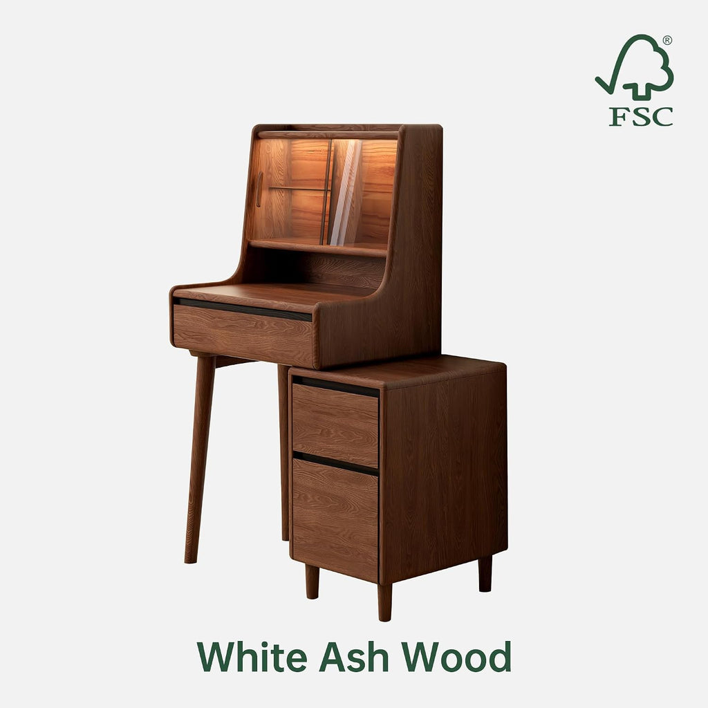 YESWOOD Extendable Vanity Desk with Dresser, Ash Wood Makeup Table for Girls, Vanity Set with LED Light and Glass Door for Bedroom, Bathroom