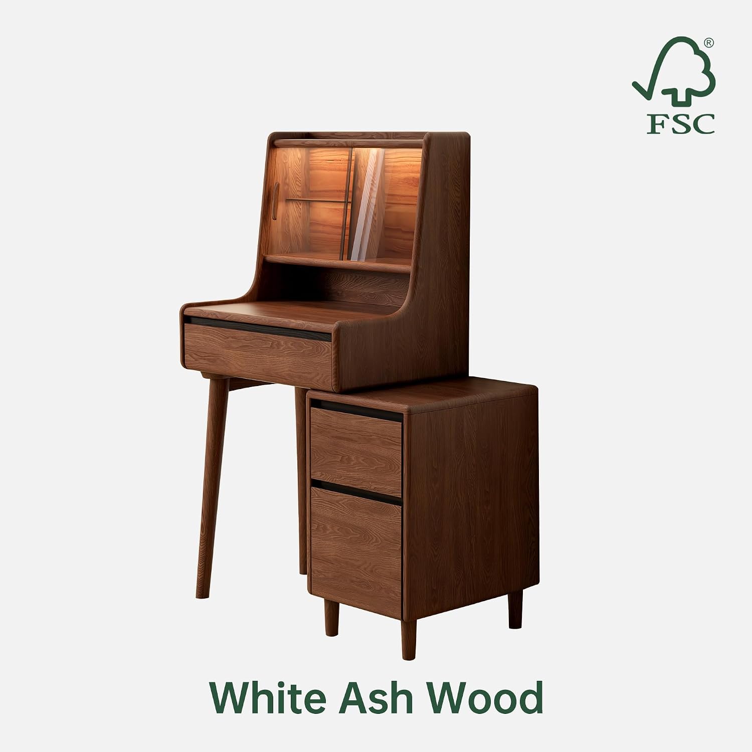 YESWOOD Extendable Vanity Desk with Dresser, Ash Wood Makeup Table for Girls, Vanity Set with LED Light and Glass Door for Bedroom, Bathroom