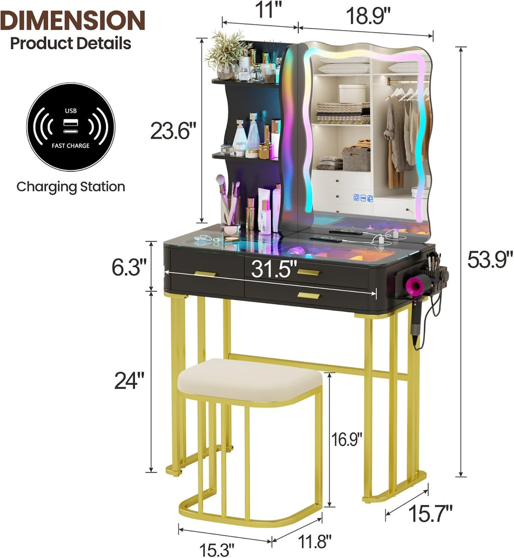 Glass Top Makeup Vanity Desk with LED Mirror & RGB Lights, Modern Vanity Table with 3 Drawers, Charging Station, Hair Dryer Holder, Dimmable Colorful Light Vanity Set for Bedroom,Black