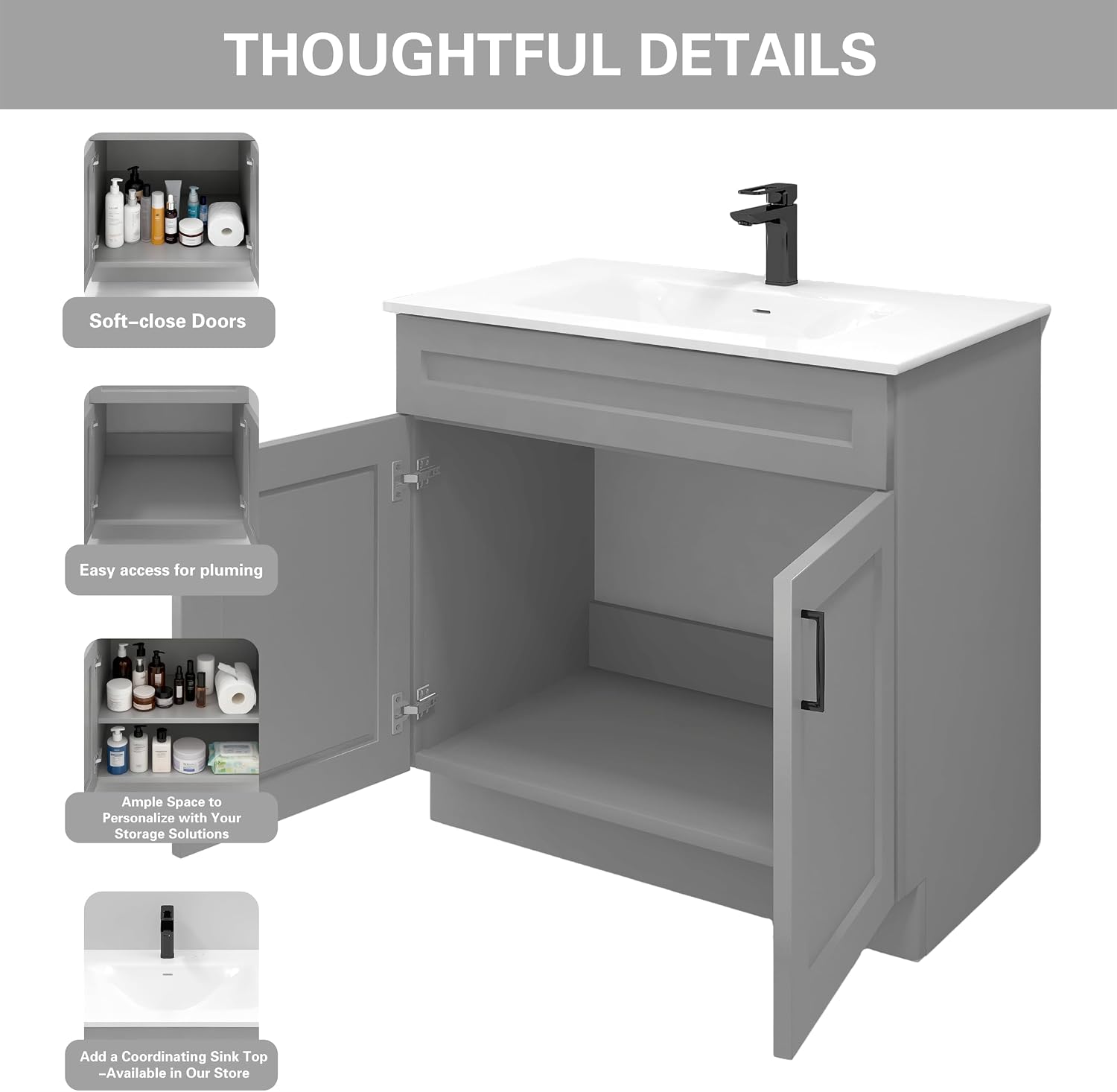 36' Light Grey Shaker Bathroom Vanity Base – Ready-to-Assemble Sink Cabinet, Freestanding Bathroom Vanity Base Only, No Top or Sink