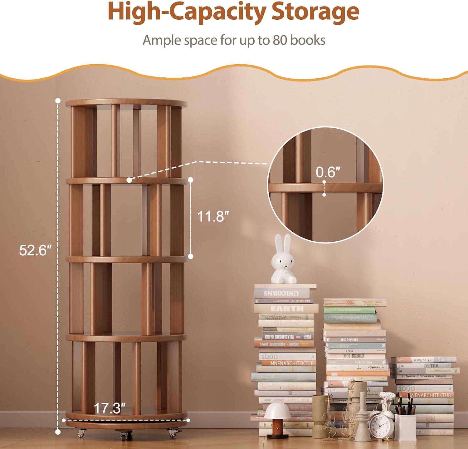 Muwuele Solid Wood Rotating Bookshelf on Wheels, 4 Tier, Round Revolving Bookcase, 360° Spinning Book Shelf Tower for Kids, Narrow Rolling Bookshelves for Small Space, Corner, Bedroom, Office, Walnut