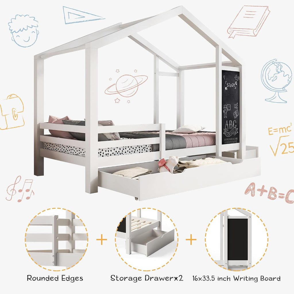 Kids Full House Bed Frame with Blackboard and Storage Drawers, Full-Length Guardrails & Wooden Slats Support,Two Assembly Options for Easy Fun Bedroom Setup for Kids Boys Girls (White, Full)