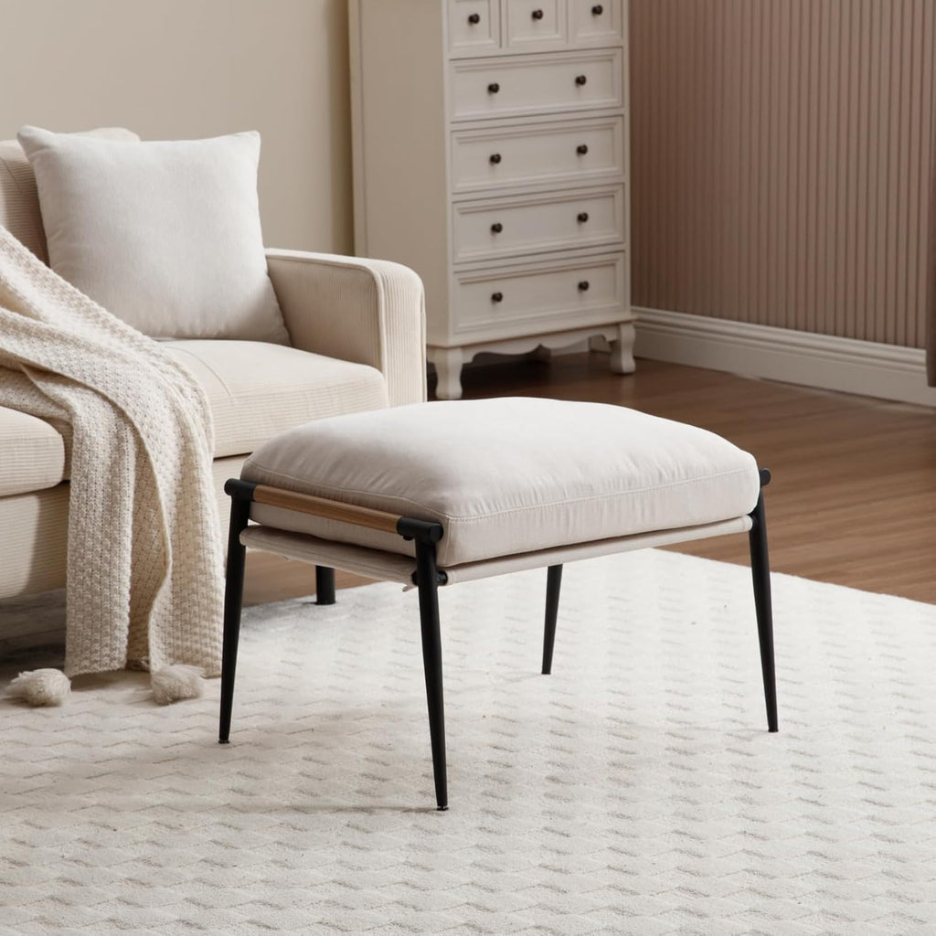 DUOMAY Cute Chenille Single Footrest, Upholstered Footstool with Black Metal Legs Mid Century Modern Vanity Room Ottoman Shoe Stool for Living Room Bedroom Dressing Room, Beige