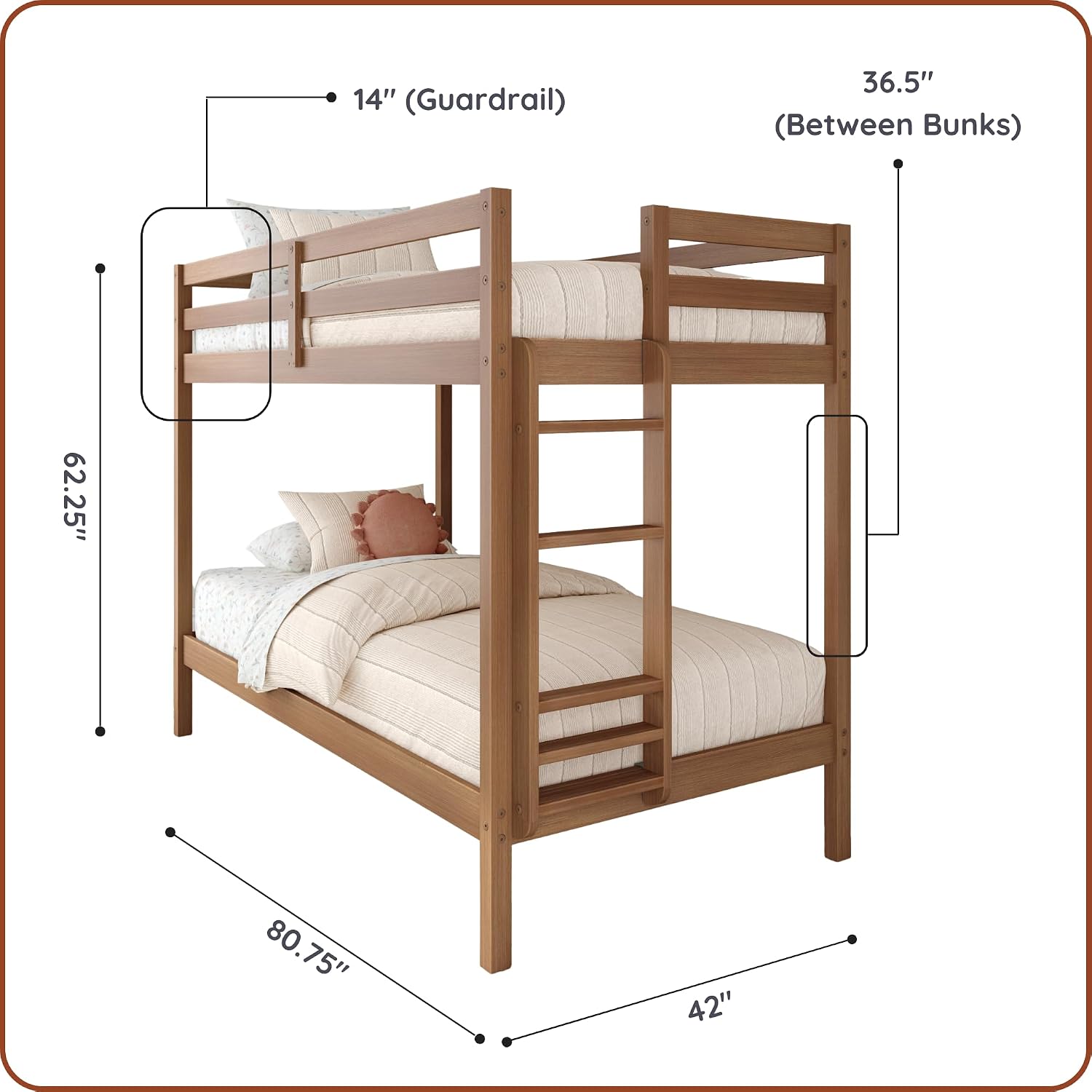 Grain & Grove Bear Twin Over Twin Bunk Bed, Sturdy Bunk Bed Frame for Kids, Plywood Bunk with Ladder, Guardrail, and Slats, No Box Spring Required, Oak Embossed Pecan